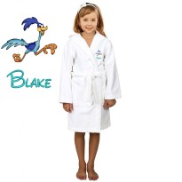 Running Bird Cartoon Design & Custom Name Embroidery on Kids Hooded Bathrobe